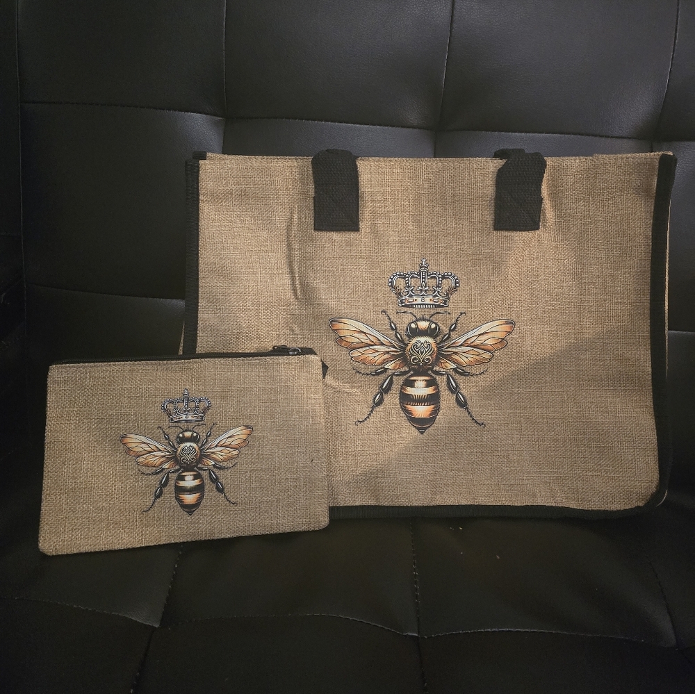 Bee Embroidered Tote and Pouch Set